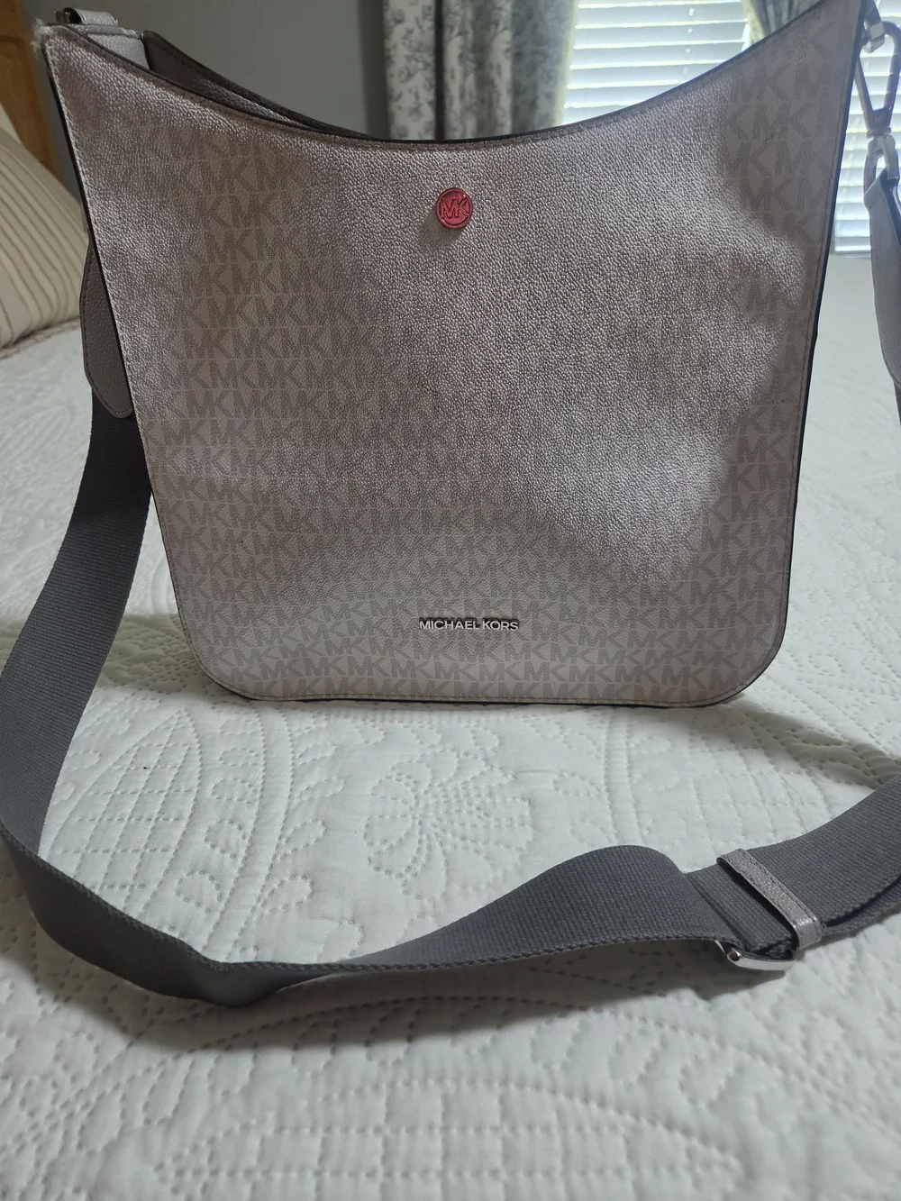 Michael Kors Metallic Taupe Logo Messenger Bag with Gray Strap
